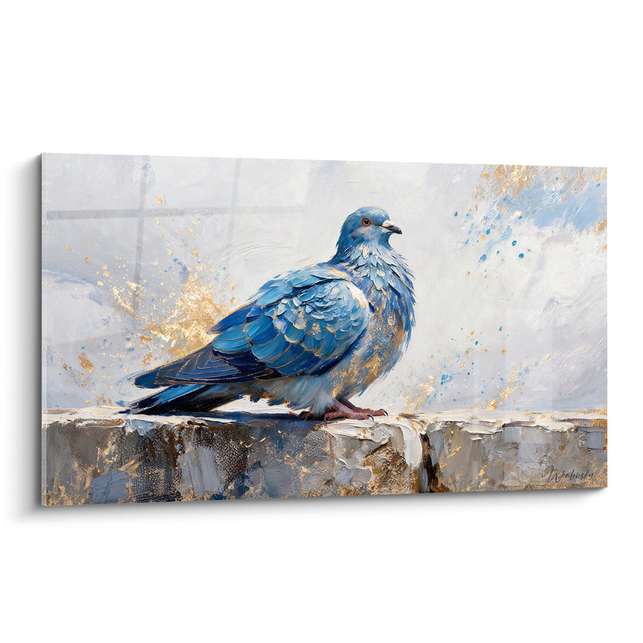 Tableau Colombe bleue et dorée sur rebord de pierre - Éveil doré - Edition Colombe