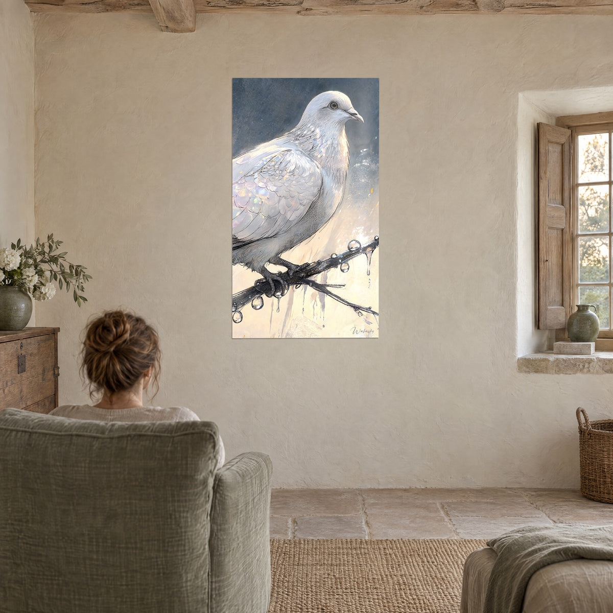 Gemälde Perlmuttweißer Vogel mit bernsteinfarbenem Auge, mit Tropfen übersäter Zweig, grau-blauer Himmel und goldener Sand, gegenüber einem grünen Sessel