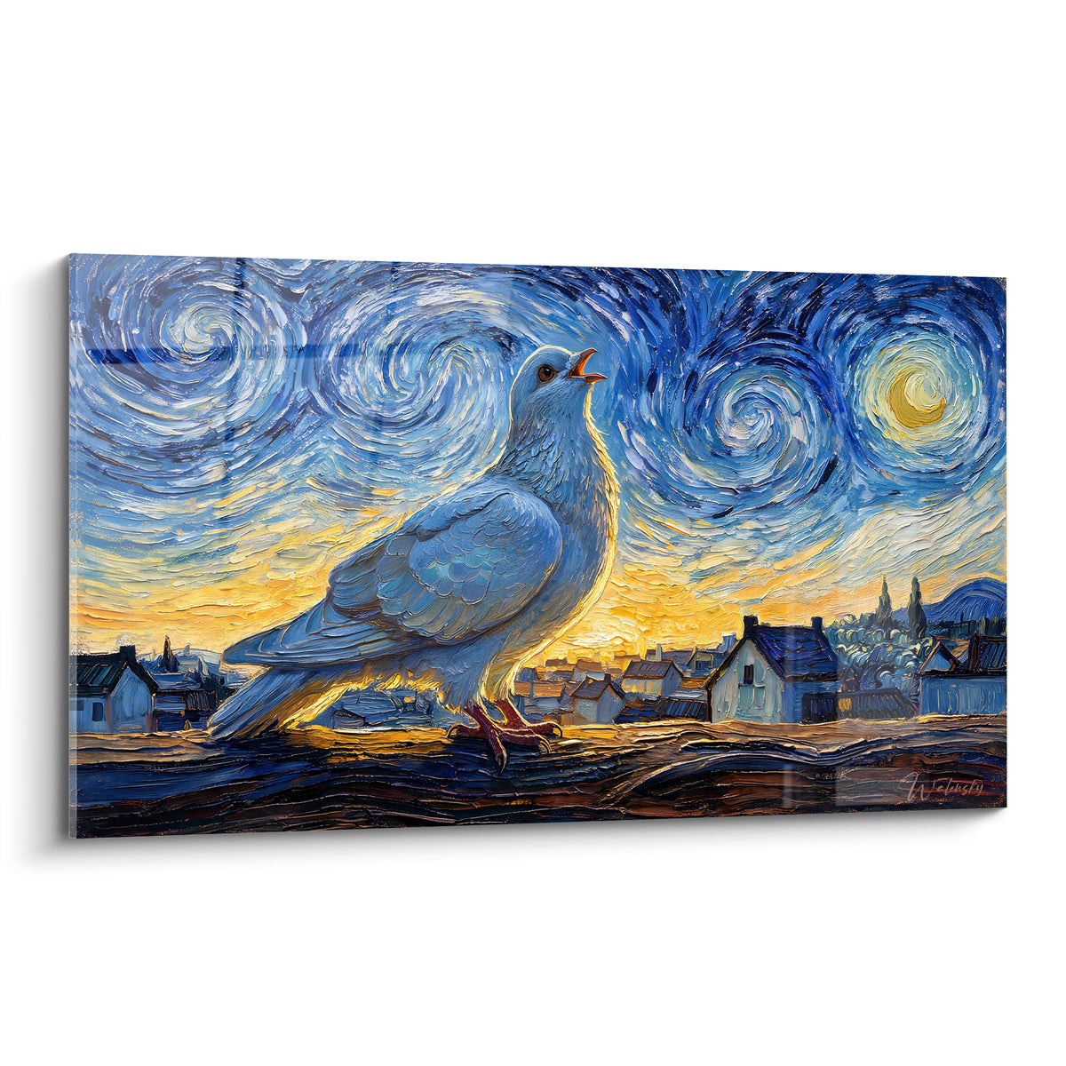 Colombe grise perchée bec ouvert, ciel bleu marine tourbillonnant et lune dorée en fond.