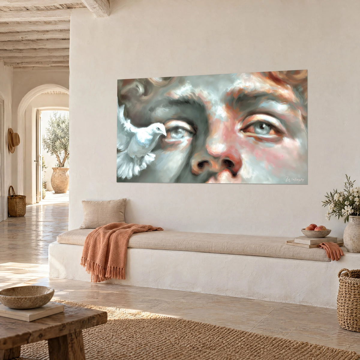 Gemälde Makellose Taube streift ein Gesicht mit klaren Augen, rosige Wangen, graue und cremefarbene Pinselstriche, Dreiviertelansicht an einer weißen Wand eines mediterranen Hauses