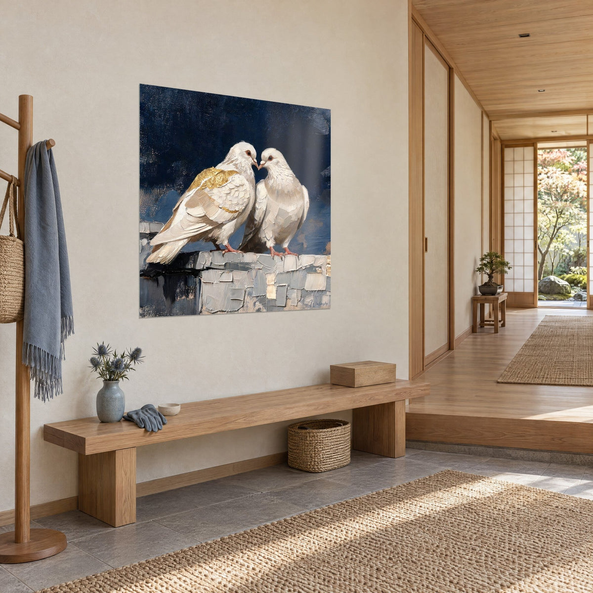 Cuadro pareja de palomas marfil apretadas sobre un muro de piedra gris, pan de oro en el ala, cielo índigo, vista de tres cuartos en la entrada