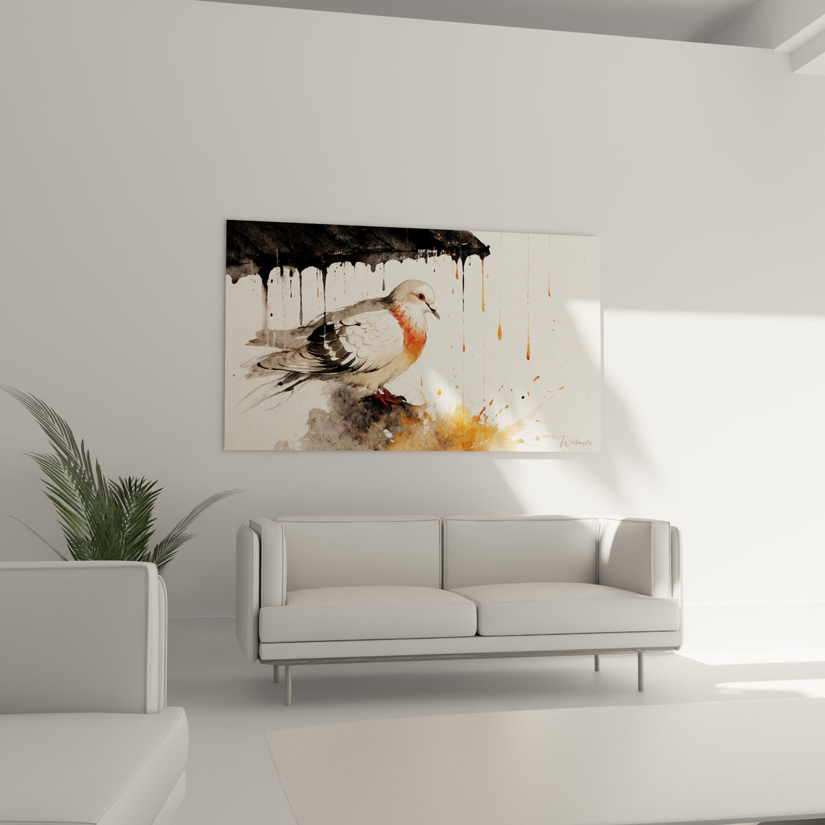 Plumage gris perle et rouille de la colombe en aquarelle, au-dessus d'un canapé dans un salon lumineux