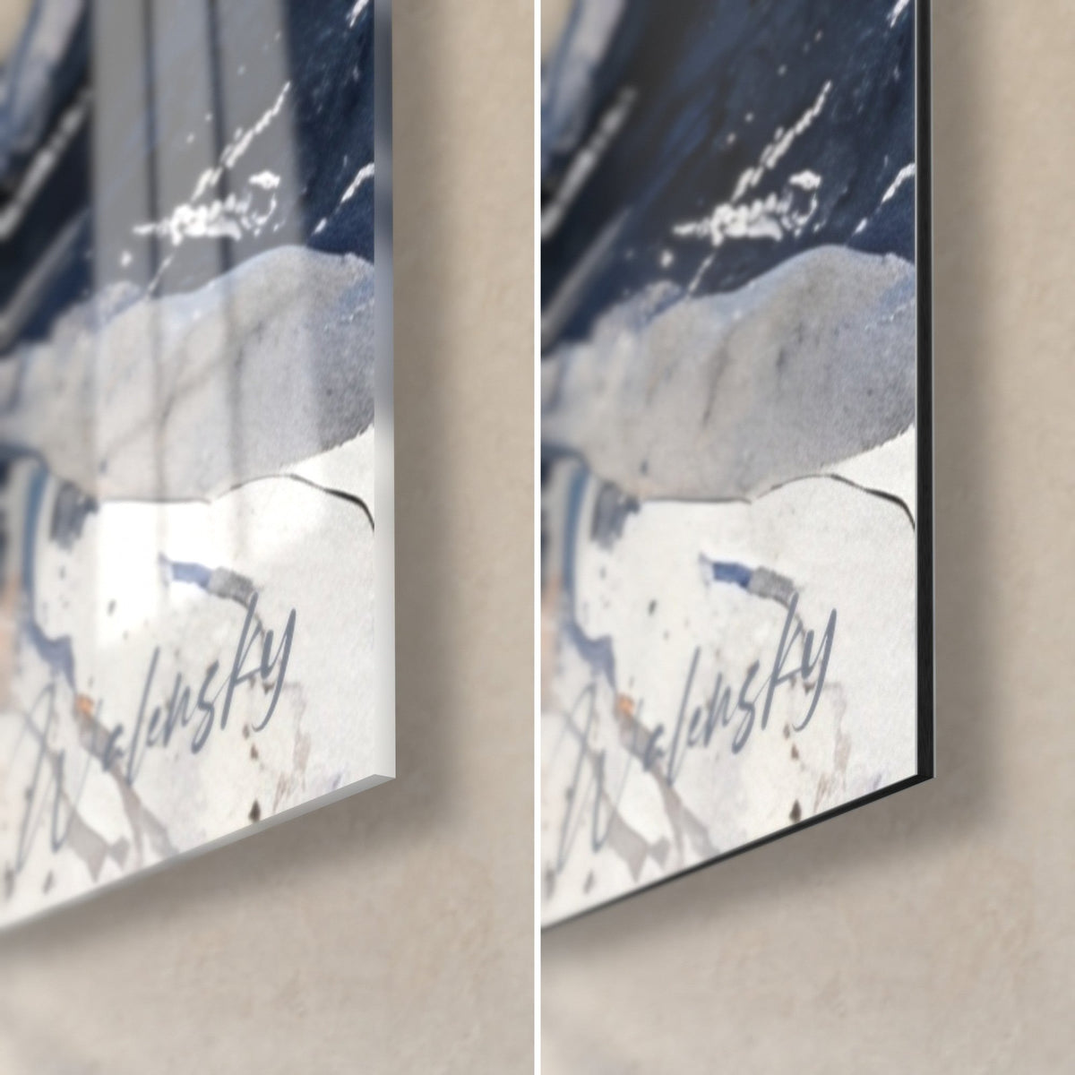 Tableau colombe ailes ouvertes, coin bas droit : verre acrylique brillant à gauche, Dibond noir mat à droite, tranche de 3 mm visible
