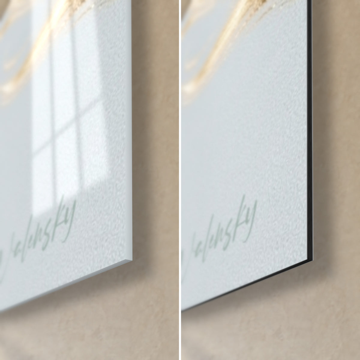 Gemälde Perltaube, untere rechte Ecke: glänzendes Acrylglas mit Reflexen, mattschwarzes Dibond, 3 mm feine Kante