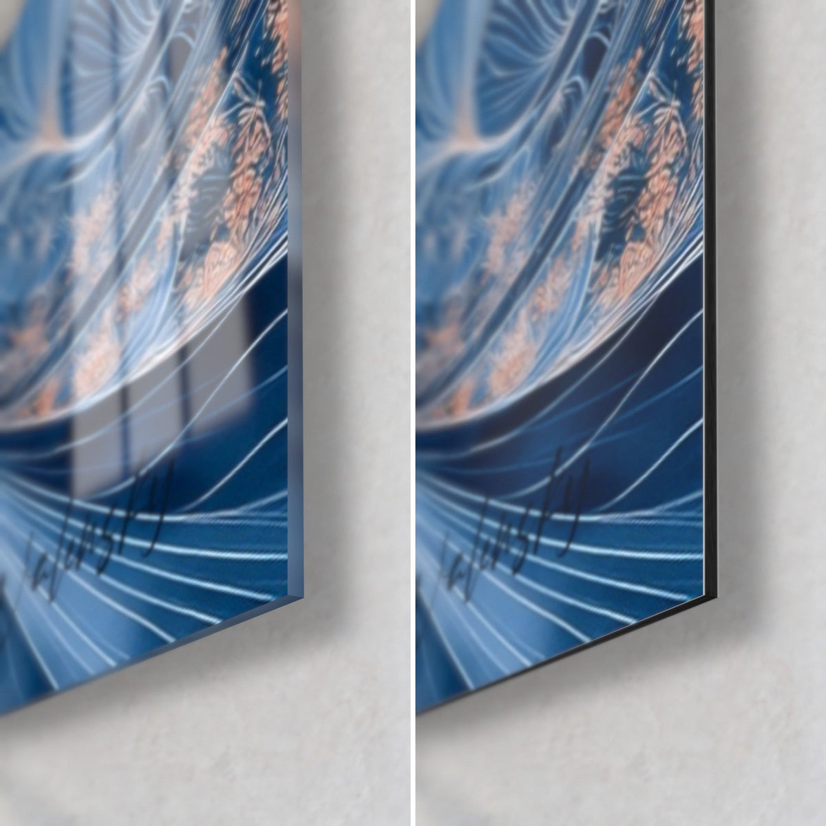 Tableau volatile blanc aux ailes ouvertes, coin bas droit : verre brillant à gauche, Dibond mat à droite, bleu et orangé