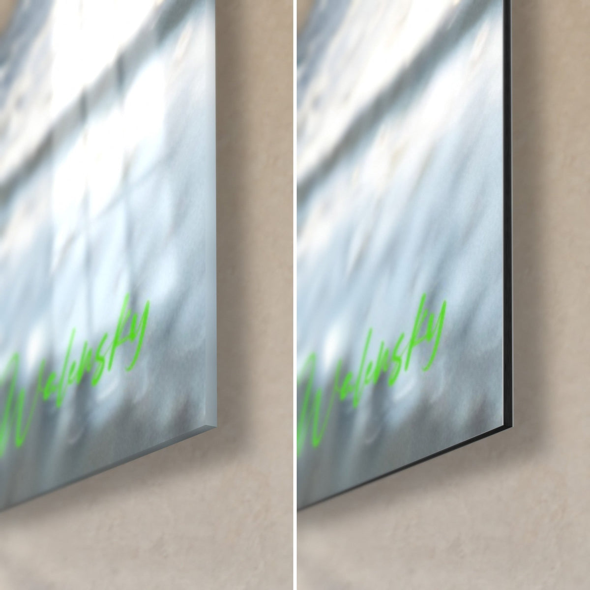 Wall art white doves in an embrace, bottom right corner in glossy acrylic glass and matte black Dibond aluminium, 3 mm edge visible