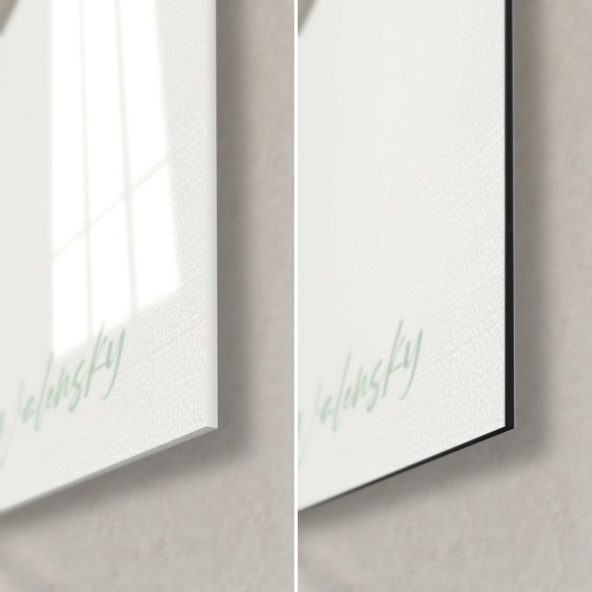 Quadro colomba verde salvia, angolo in basso a destra: firma Walensky, vetro acrilico lucido a sinistra, Dibond in alluminio nero opaco a destra