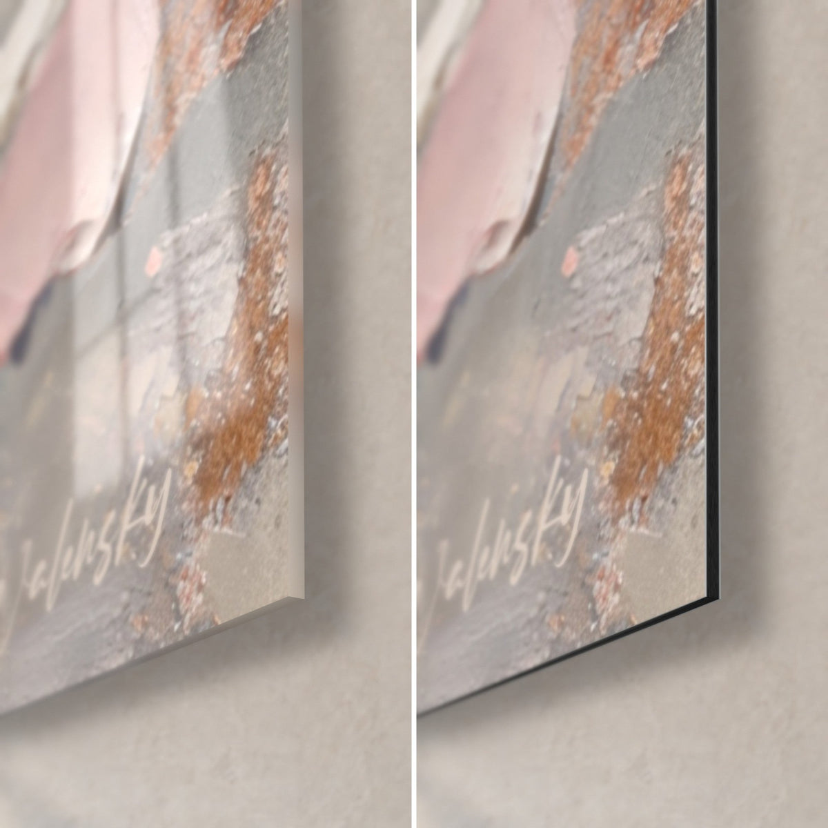 Wall art pastel pigeon, bottom right corner: glossy acrylic glass with reflections and matte grey-pink Dibond, 3 mm edge