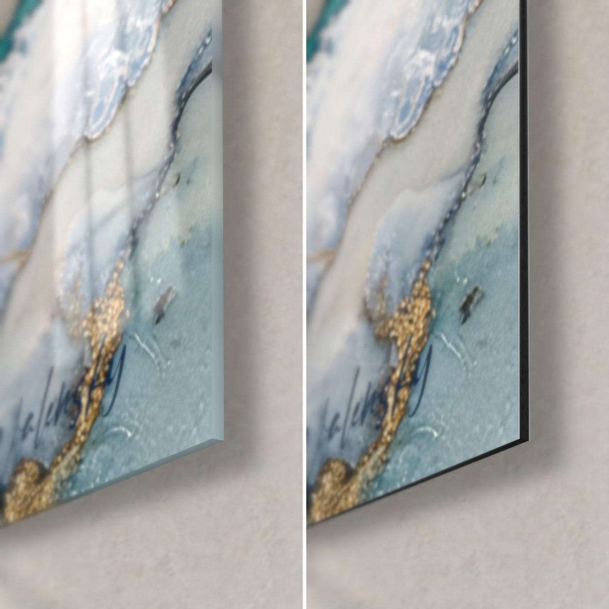 Gemälde Vogel in Grau und Gold auf glänzendem Glas und mattem Dibond-Alu, türkisfarbener und weißer Marmor, 3 mm Kante sichtbar, untere rechte Ecke