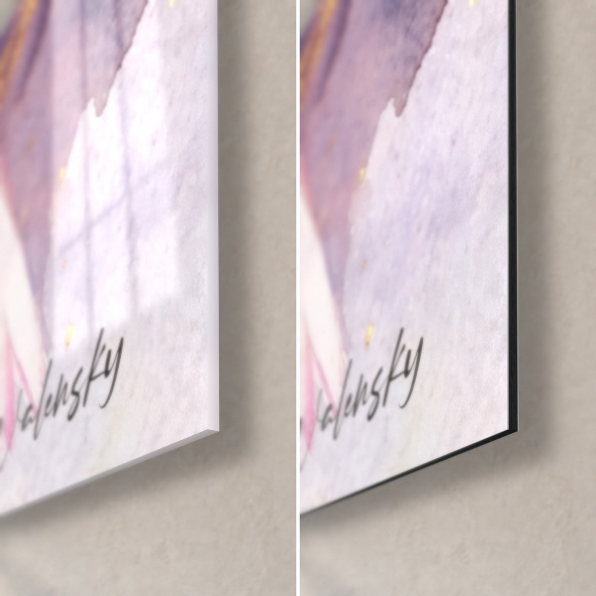 Tableau colombe rose et blanche en aquarelle, coin bas droit : verre acrylique brillant à gauche, Dibond noir mat à droite