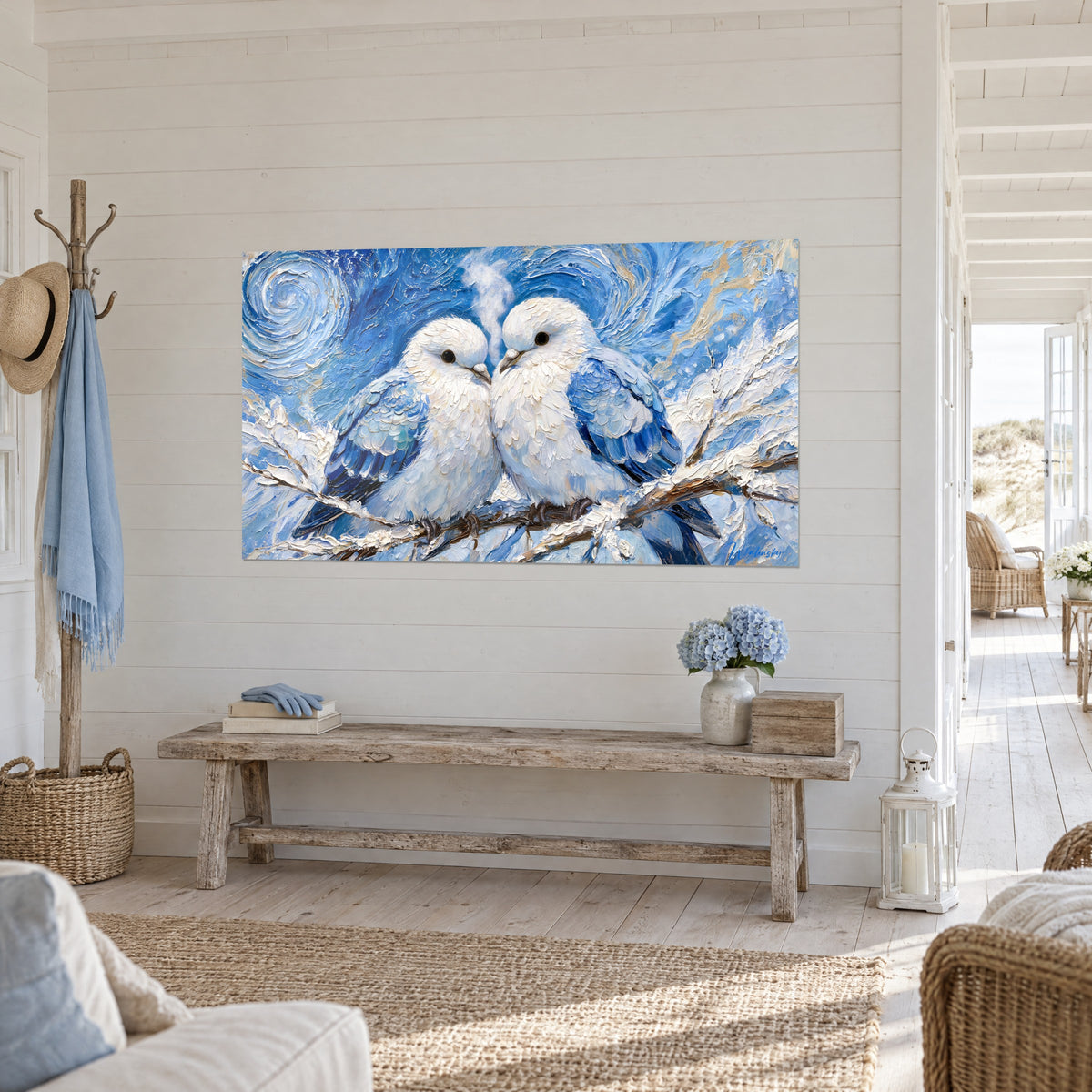 Tableau couple d'oiseaux immaculés sur branche givrée, spirales azur dans le ciel, au mur d'une entrée en bord de mer