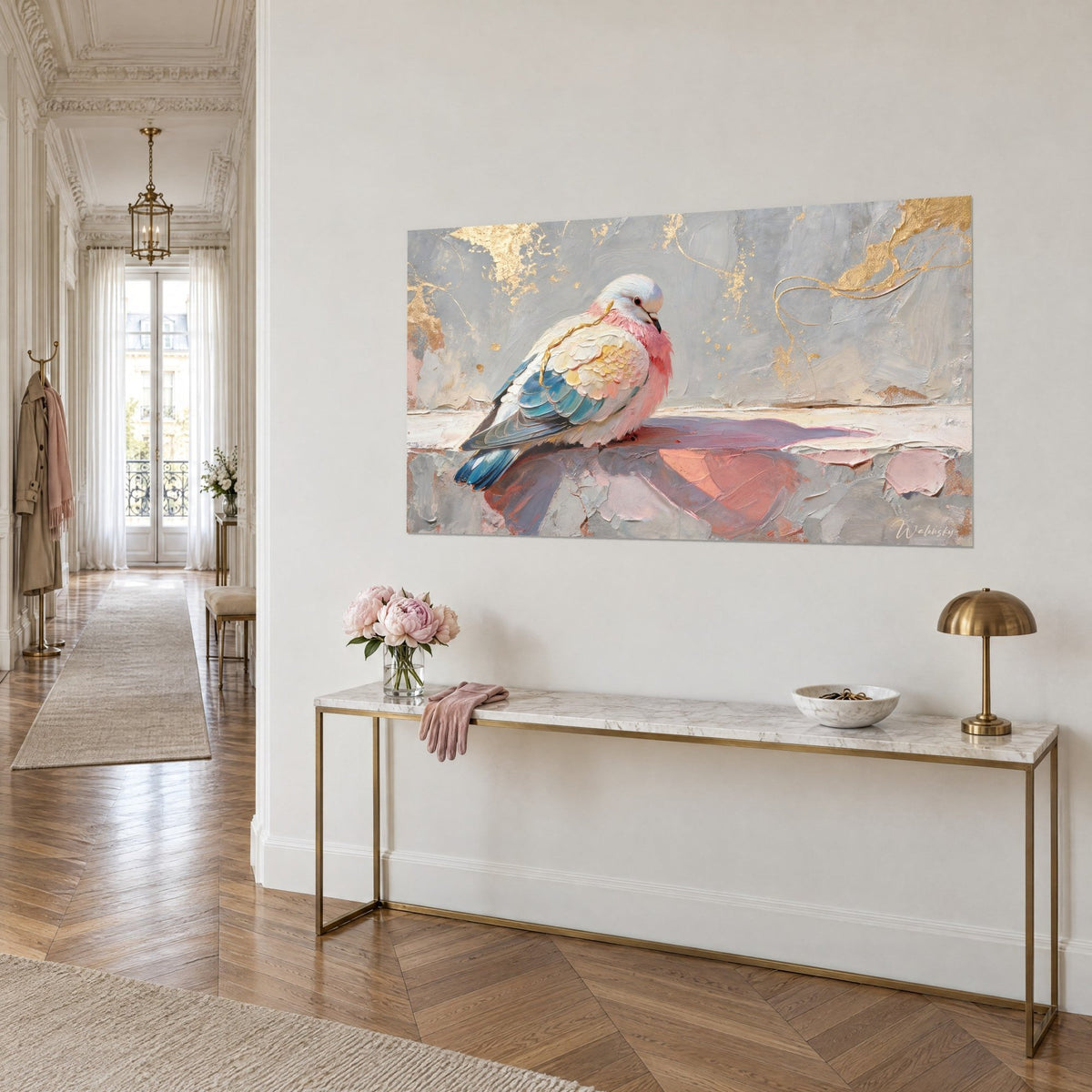 Wall art white bird perched, duck-blue wings and powder-pink throat, pearl grey background with gold touches, three-quarter view on a console