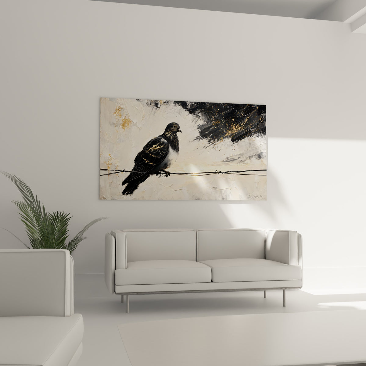 Silhouette de colombe anthracite aux touches ocre, tableau suspendu au-dessus d'un canapé dans un salon lumineux