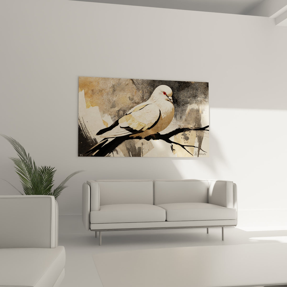 Oiseau blanc et doré posé sur une branche graphique noire, suspendu au-dessus d'un canapé dans un salon lumineux