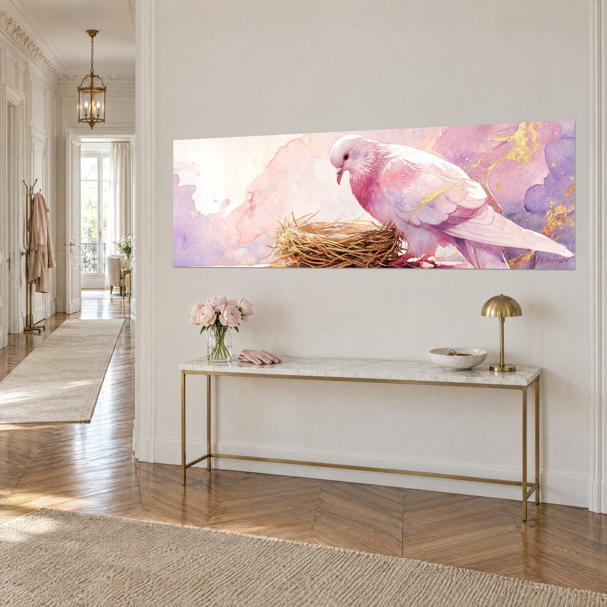 Wall art bird with powdery pink and ivory plumage, intertwined golden twigs, three-quarter view above a gilded console table
