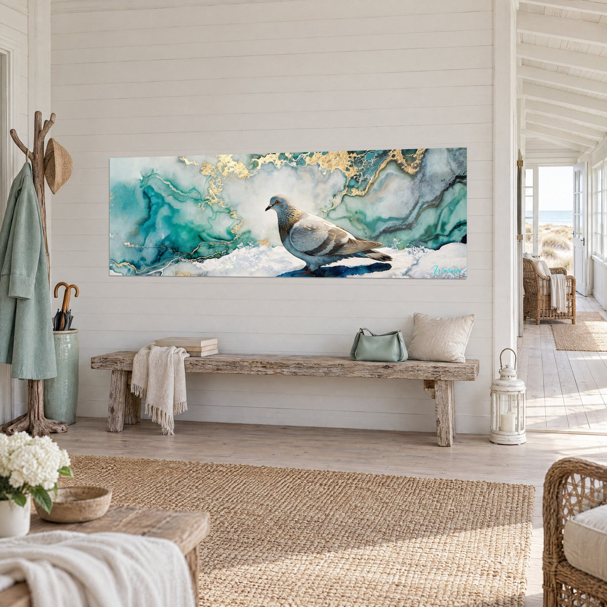 Wall art pearl grey bird resting on white foam, turquoise and gold veins, three-quarter view, seaside house