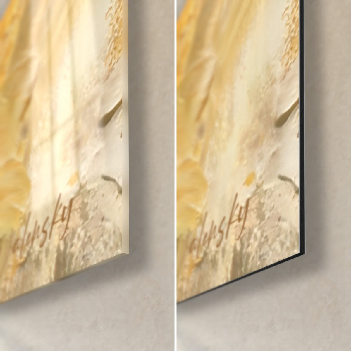 Tableau colombe dorée, coin bas droit : verre acrylique brillant et reflets à gauche, Dibond noir mat à droite, tranche de 3 mm