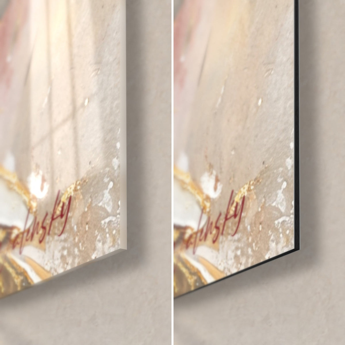 Tableau colombe en peinture à l'huile ivoire et rose, coin bas droit : verre acrylique brillant à gauche, Dibond noir mat à droite