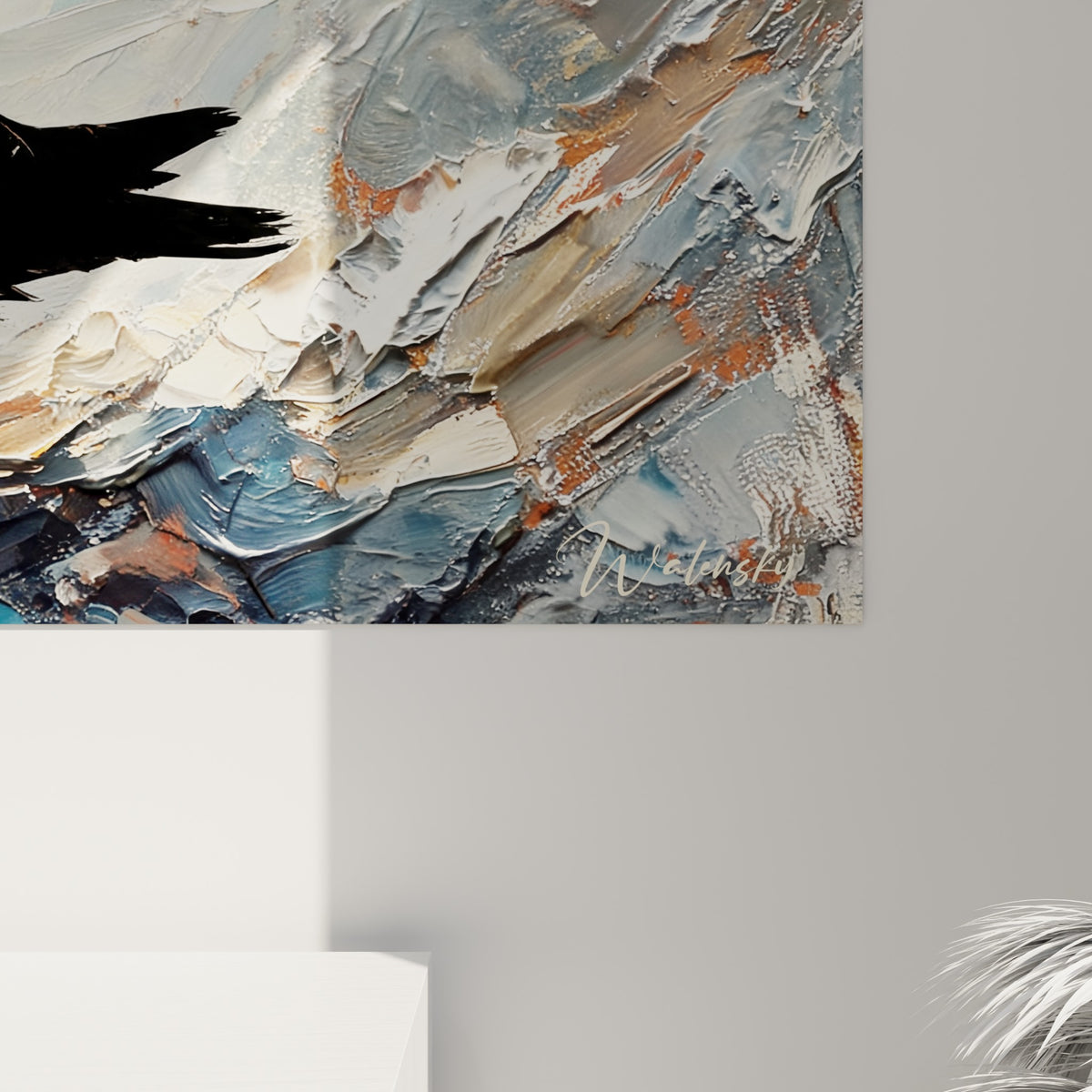 Empâtements blancs et orangés visibles sur la toile, matière épaisse au couteau autour de la colombe noire