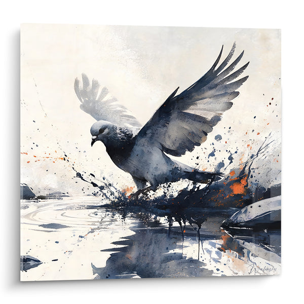 Tableau Colombe ailes déployées sur reflets d'eau - Envol saisi - Edition Colombe
