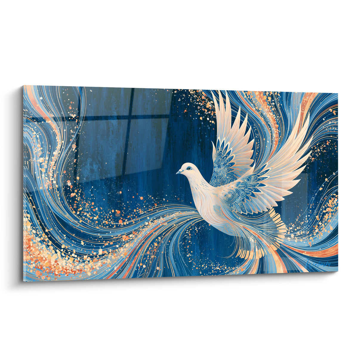 Colombe blanche aux ailes déployées, tourbillons bleu marine et dorés en plein envol