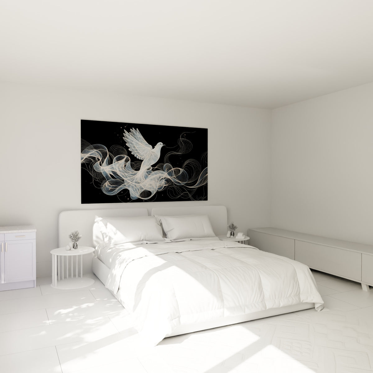Envol de la colombe blanche aux reflets bleu pastel au-dessus d'un lit dans une chambre claire