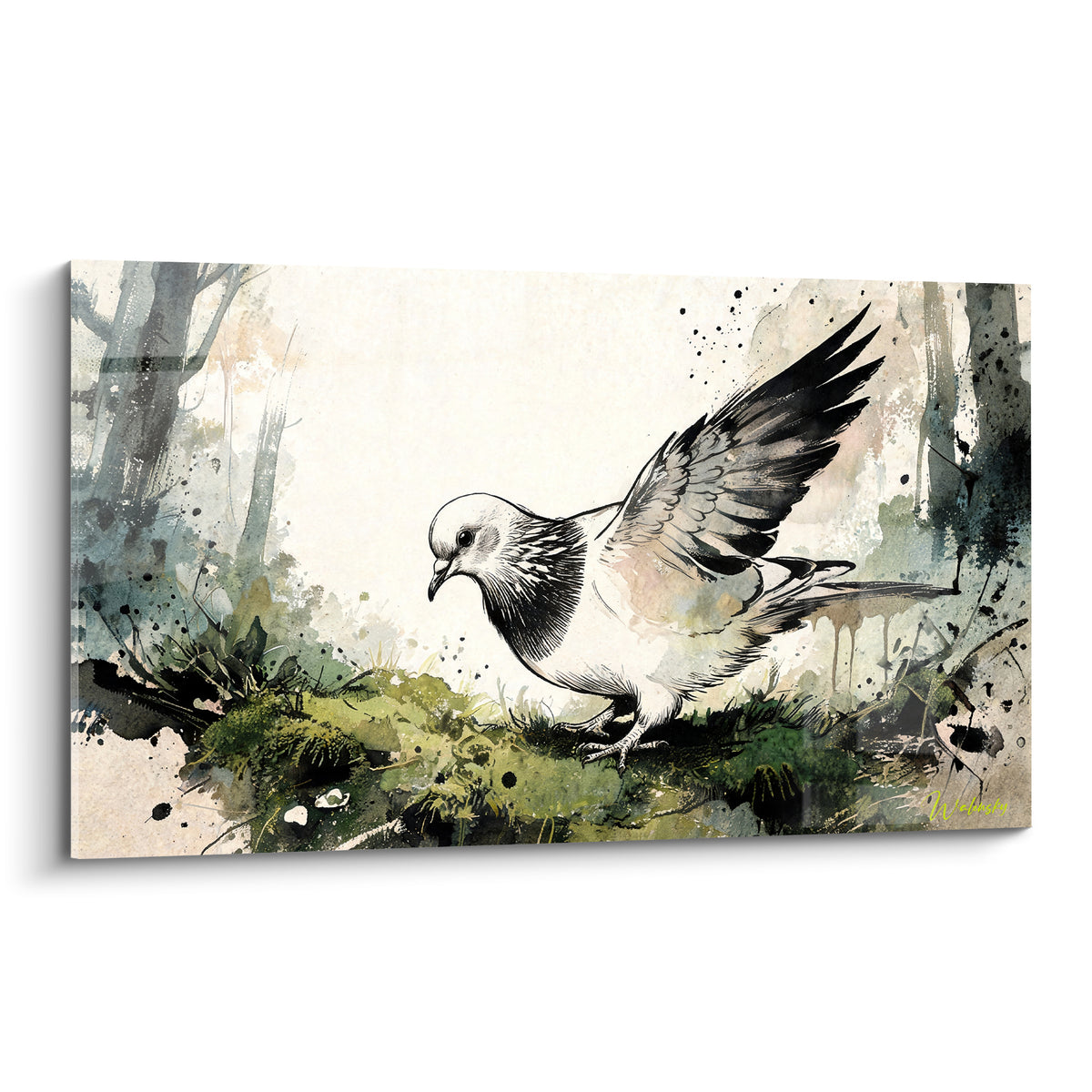 Colombe blanche et noire aux ailes déployées sur mousse verte et beige, style aquarelle naturaliste