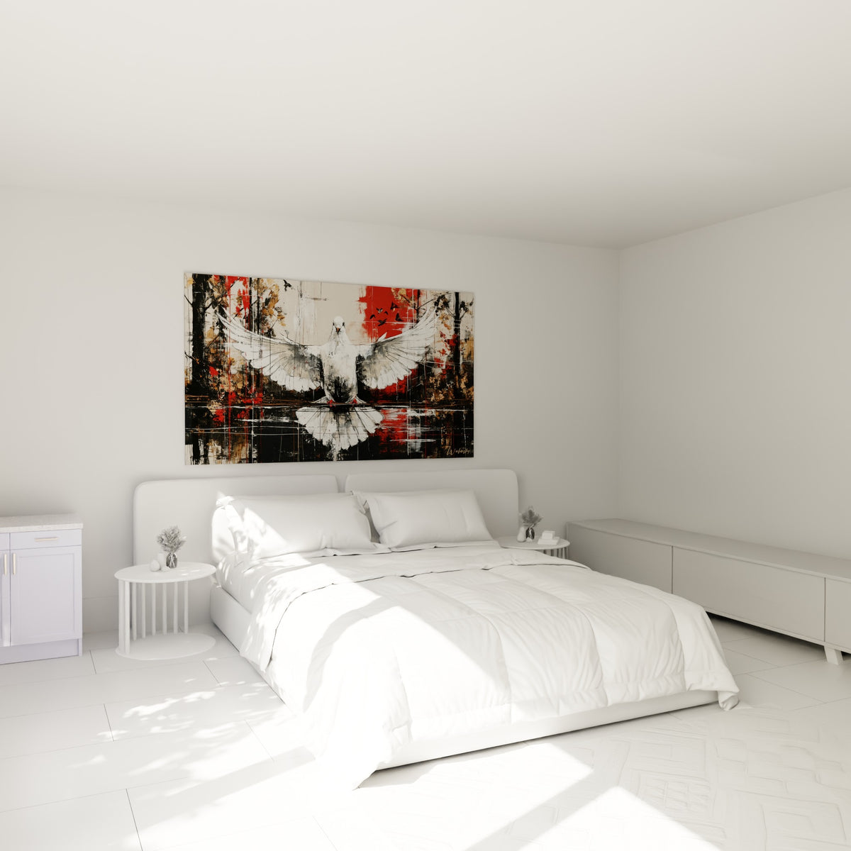 Envol de colombe blanche et rouge terracotta au-dessus d'un lit dans une chambre claire