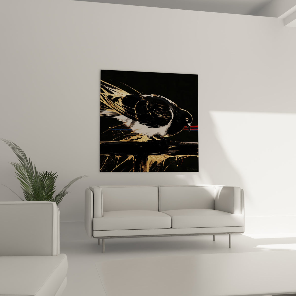 Silhouette de colombe anthracite aux éclats dorés, tableau accroché au-dessus d'un canapé dans un salon lumineux