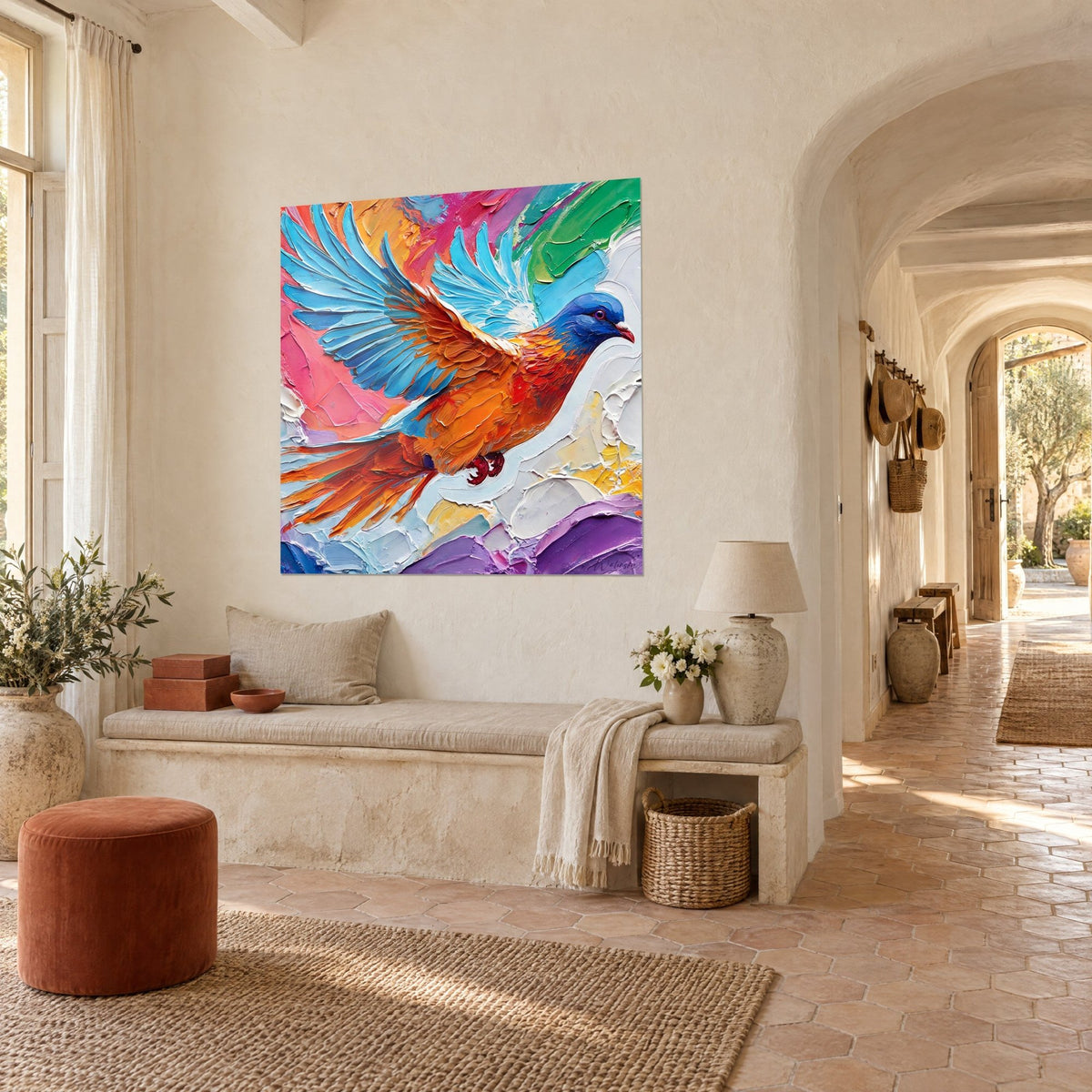 Quadro uccello dalla testa blu cobalto e petto arancione, impasti rosa e verdi, in una nicchia a volta del mas