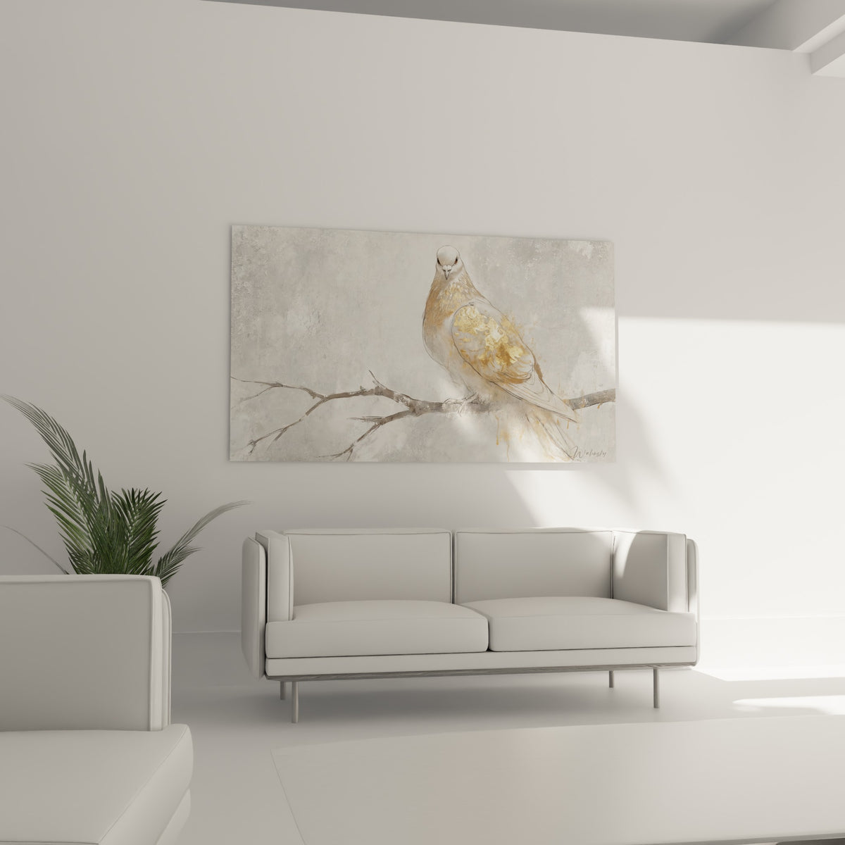 Silhouette de colombe blanche et ocre sur branche sèche, au-dessus d'un canapé dans un salon lumineux