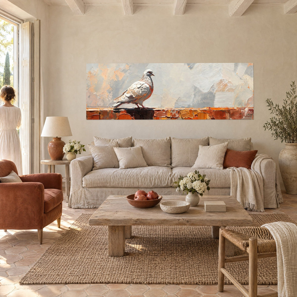 Wall art dove with white and grey plumage perched on an amber wall, painted with a palette knife, above a sofa in a bright living room