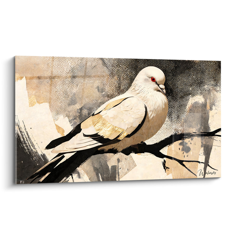 Tableau Colombe blanche et dorée sur fond tramé - Œil rouge vif - Edition Colombe