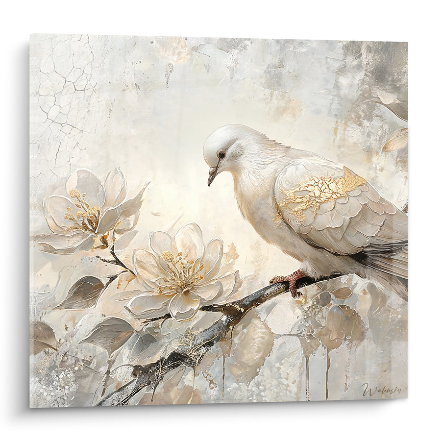 Tableau Colombe blanche perchée près de fleurs ivoire dorées - Douceur matinale - Edition Colombe