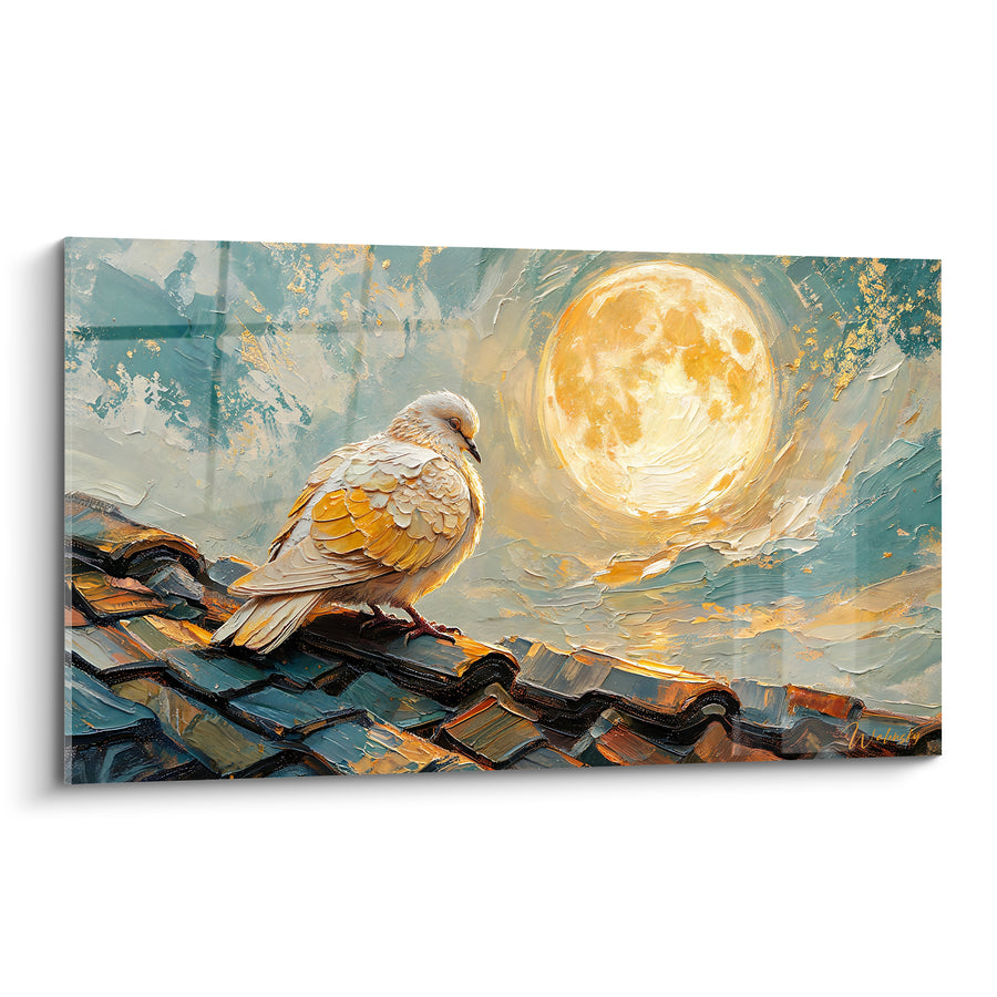Tableau Colombe perchée sous une lune dorée - Veille nocturne - Edition Colombe