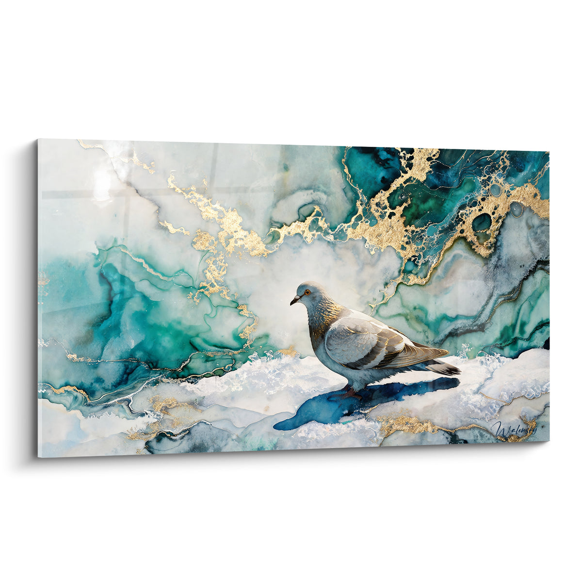 Gemälde graue Taube auf Schnee, türkis und golden marmorierter Hintergrund, verfeinerter Aquarellstil