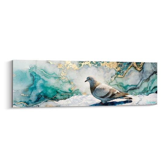 Tableau Colombe sur fond marbré turquoise et doré - Silence minéral - Edition Colombe