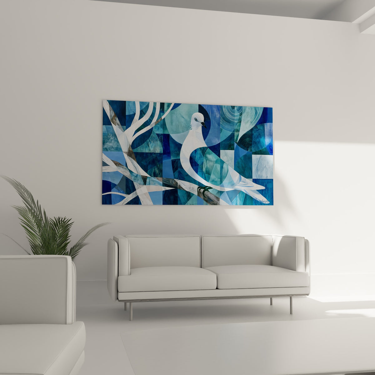 Colombe posée sur une branche graphique, tons turquoise et gris ardoise, au-dessus d'un canapé dans un salon lumineux