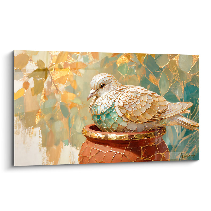 Tableau Colombe blanche et turquoise nichée sur une jarre en terre cuite - Mosaïque de nacre - Edition Colombe