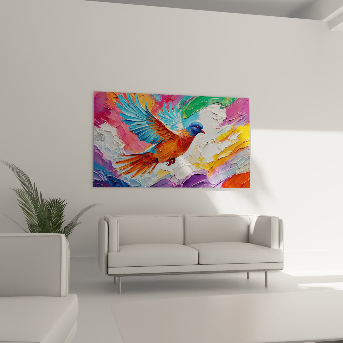 Oiseau orange à tête bleue en plein vol, suspendu au-dessus d'un canapé dans un salon lumineux