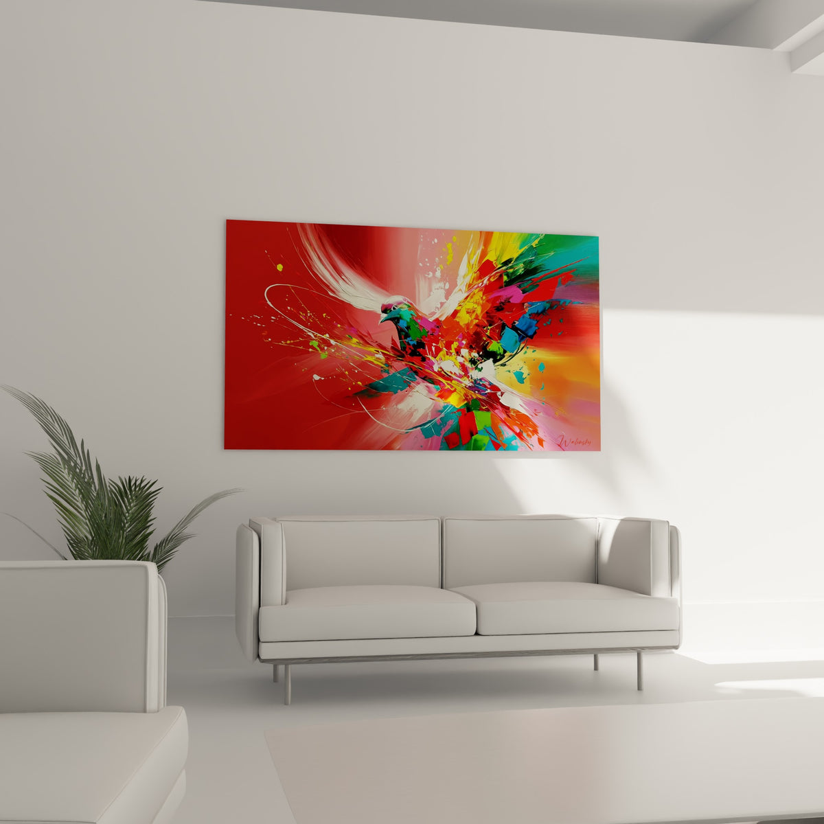 Envol coloré aux touches turquoise et jaunes sur fond rouge intense, au-dessus d'un canapé dans un salon lumineux