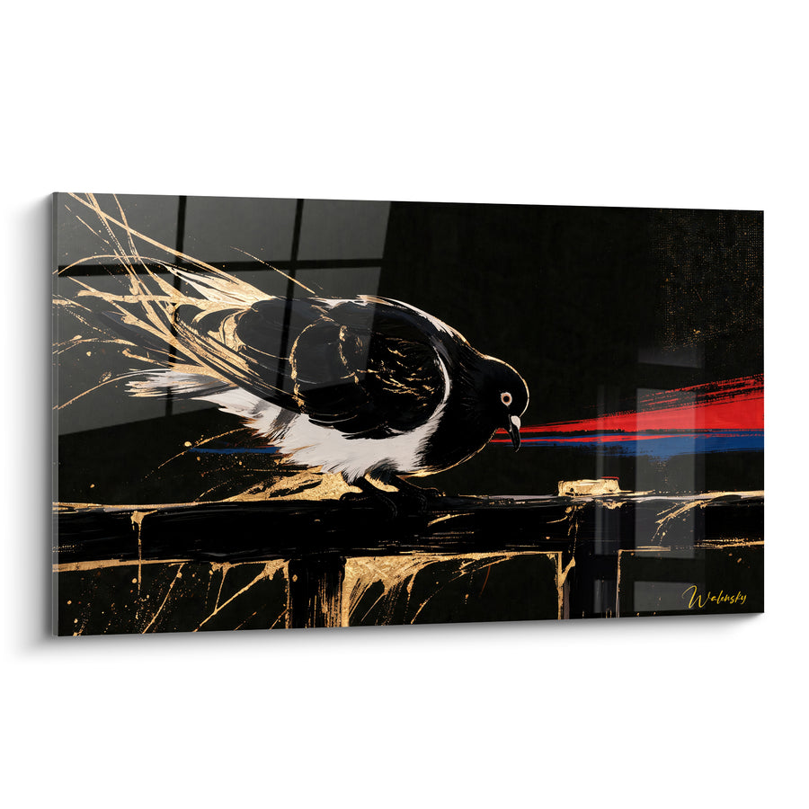 Tableau Colombe noire et dorée sur balustrade - Envol figé - Edition Colombe