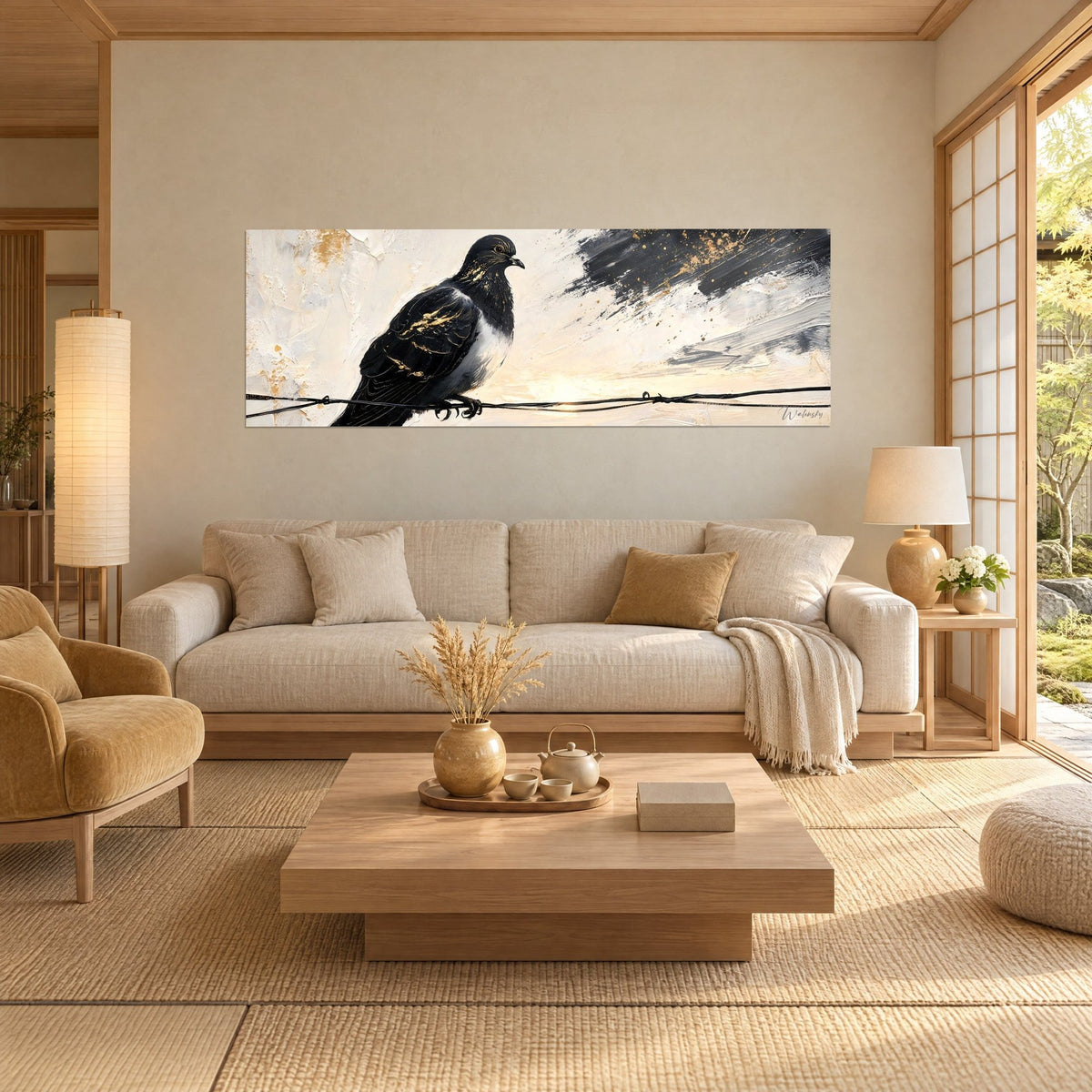 Wall art black dove with gold-flecked feathers, cream sky washed with ink, above a sofa in a bright living room