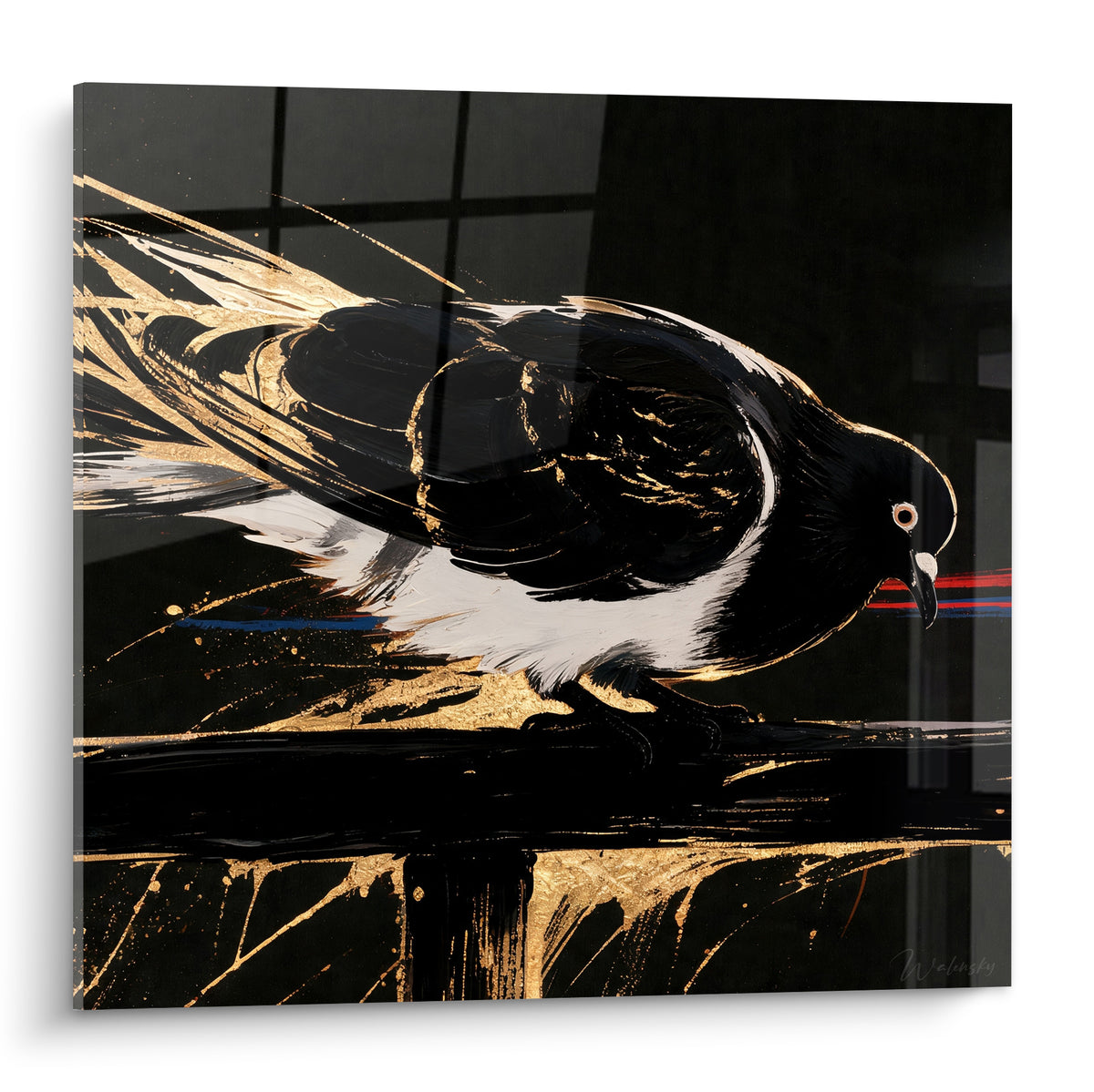 Colombe noire au plumage doré, posture recueillie sur perchoir, contraste blanc et anthracite
