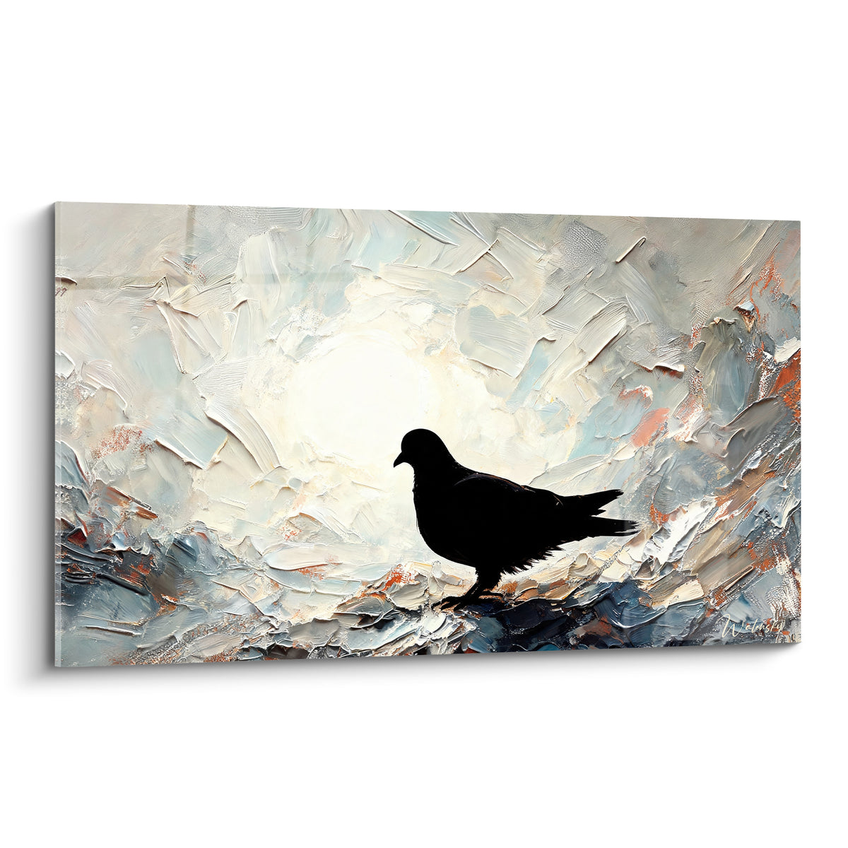 Colombe noire silhouette posée devant une lumière blanche, texture épaisse orangée et grise