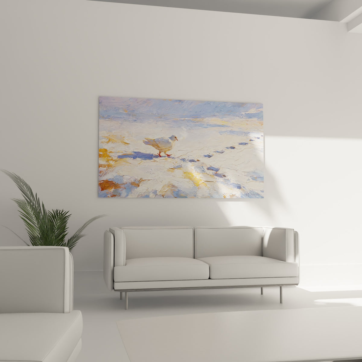 Colombe solitaire sur fond bleu marine et blanc neigeux, au-dessus d'un canapé dans un salon lumineux
