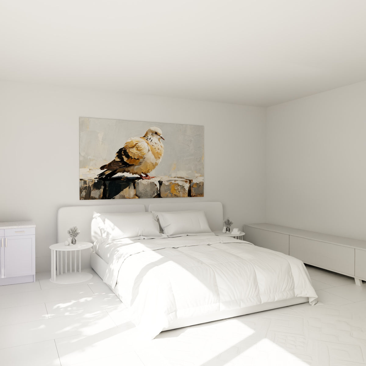 Oiseau aux tons ocre et gris posé sur pierre, tableau colombe accroché au-dessus d'un lit dans une chambre claire