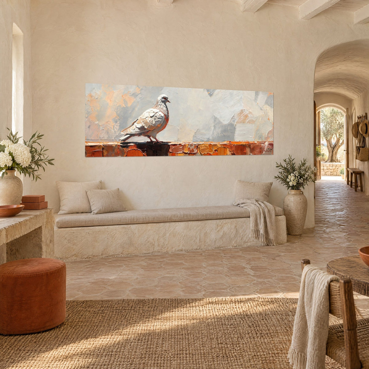 Wall art pale bird with a red eye, standing on orange bricks, three-quarter view in a Provençal farmhouse