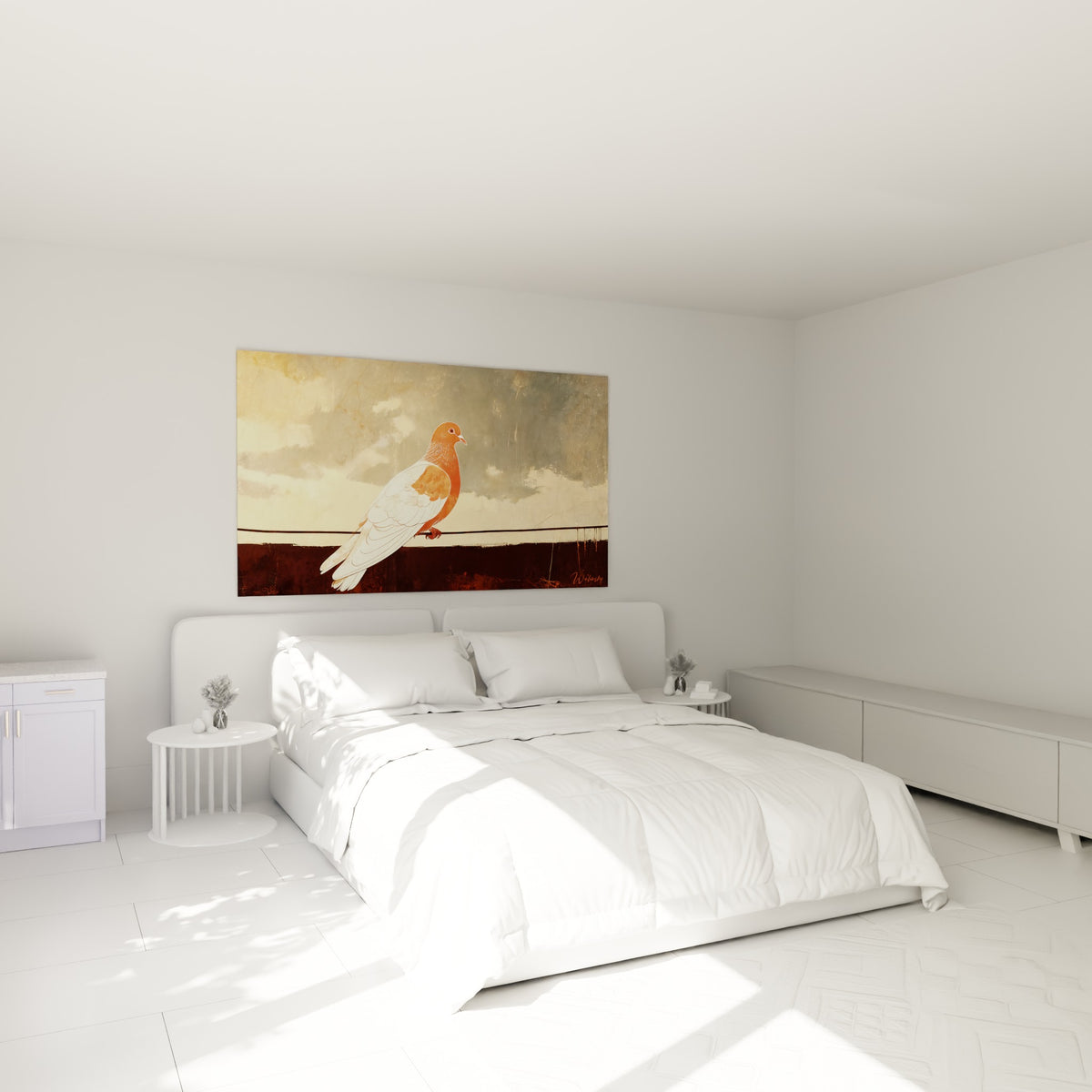 Oiseau terracotta au poitrail orangé posé sur un fil noir, au-dessus d'un lit dans une chambre claire