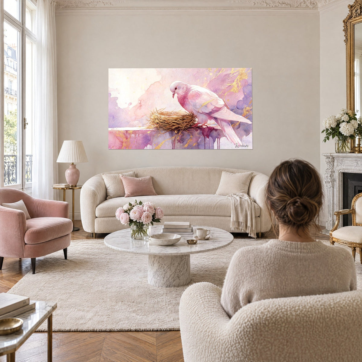 Wall art pink dove leaning over its golden nest, purple and gold background, two people seen from behind above a sofa in a bright living room